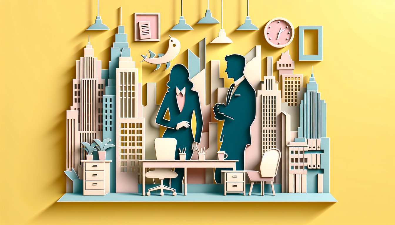 Paper art illustration for 30 Rock trivia quiz featuring Liz Lemon and Jack Donaghy on golden yellow background