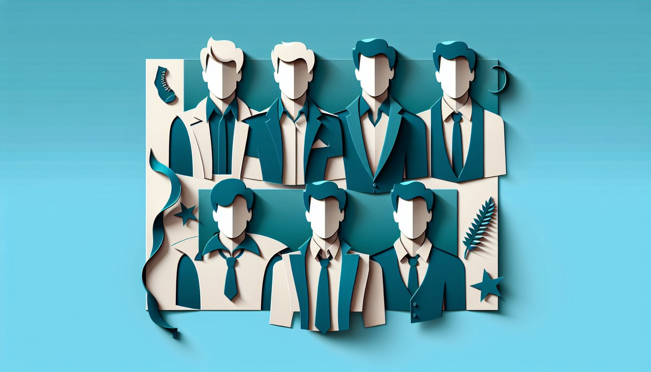 Paper art showing two stylized twins with cutout shapes and quiz text for matching Dolan Twins style on teal background