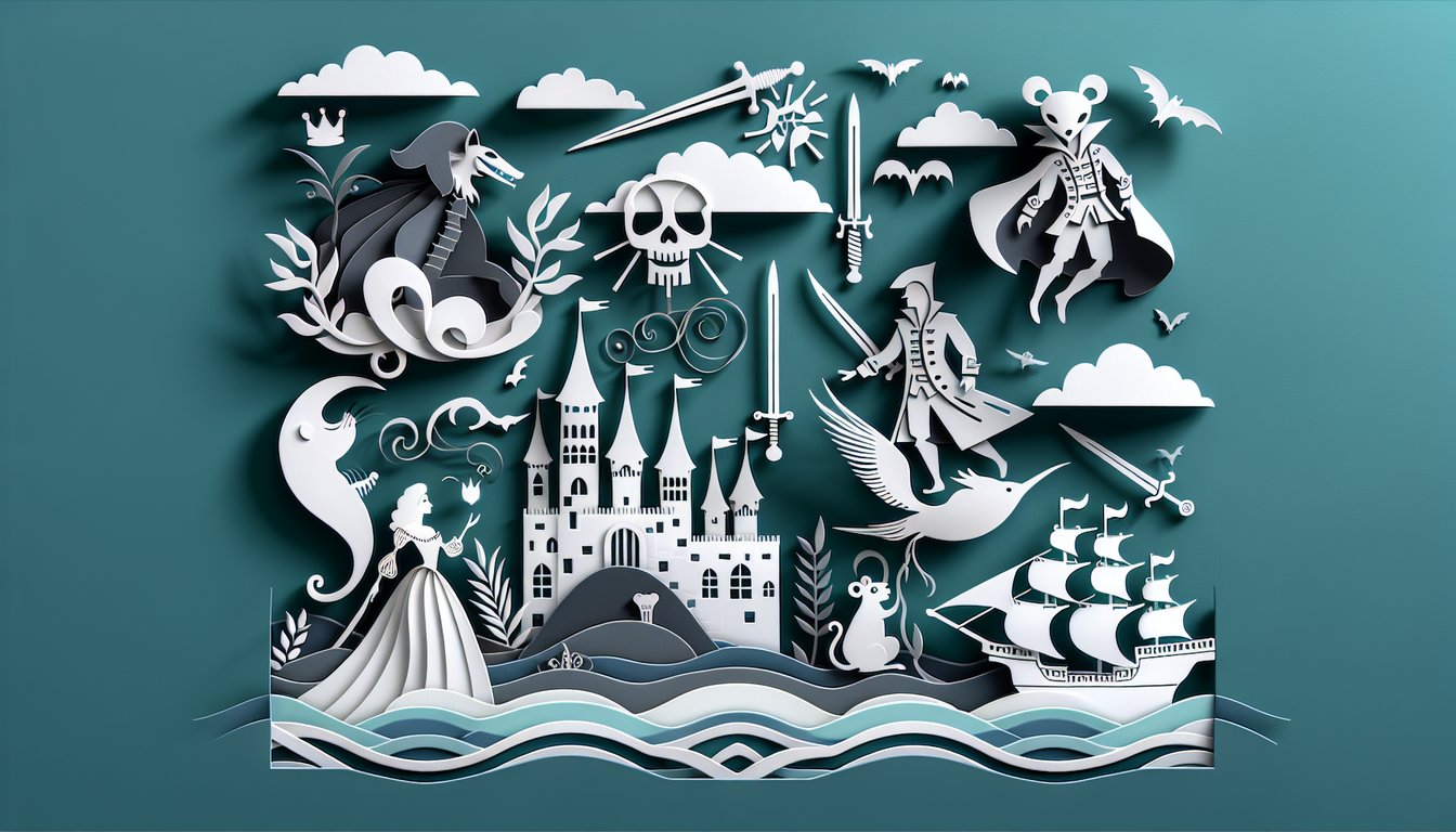 Paper art illustration for Princess Bride trivia quiz on a teal background