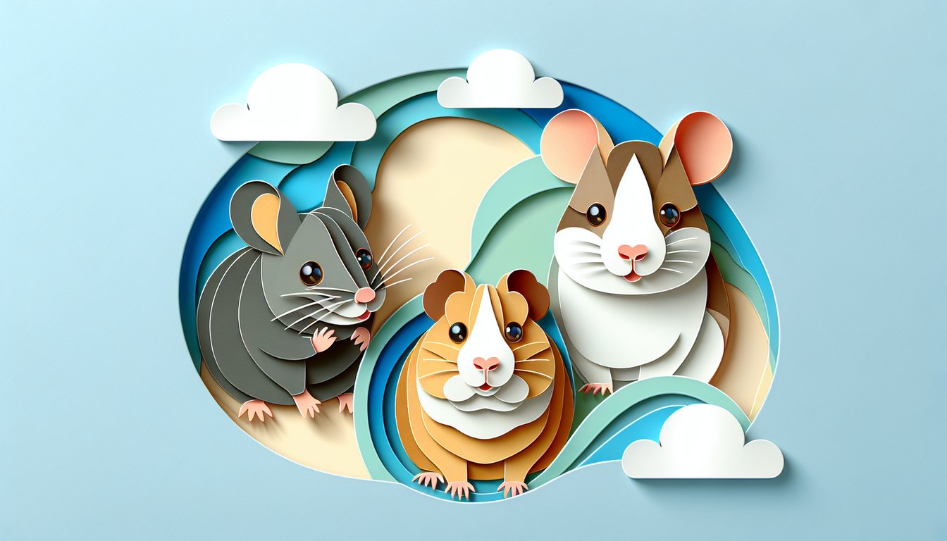 Paper art collage of mouse hamster guinea pig silhouettes and question marks on sky blue background for personality quiz