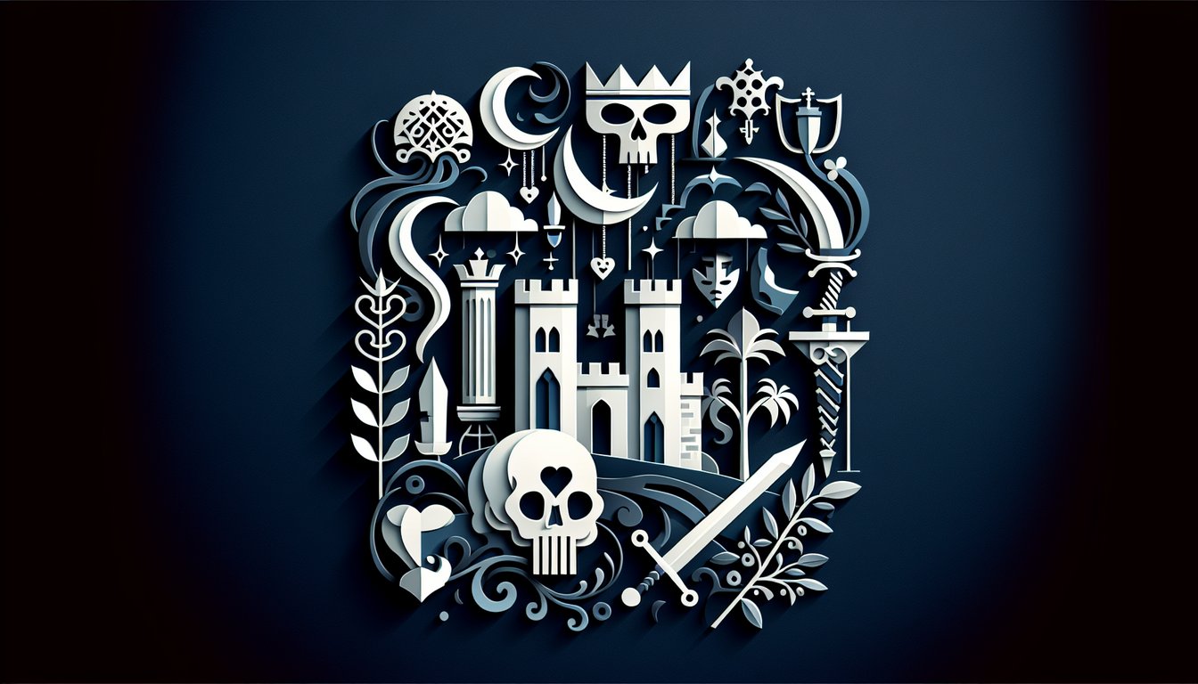 Paper art illustration with skull and speech bubble icons for famous Hamlet quotes quiz on dark blue background.