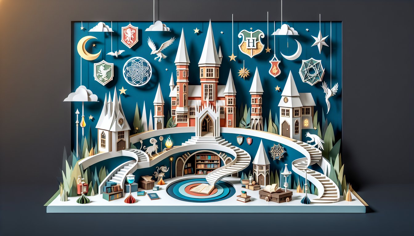 Paper art illustration of Hogwarts sorting hat, house crests, wands and starburst shapes on dark blue background.