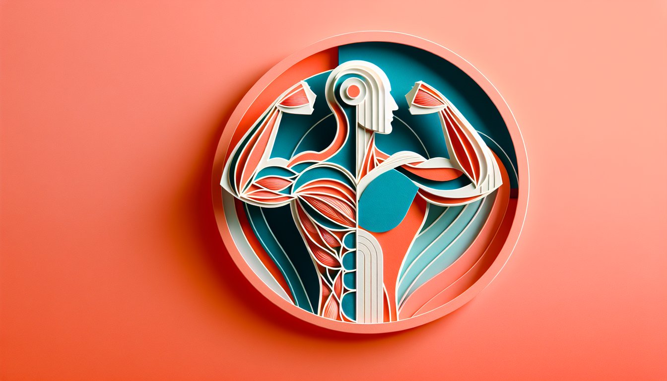 paper art illustration showing stylized muscle cross sections and anatomy sketches on coral background for quiz promotion