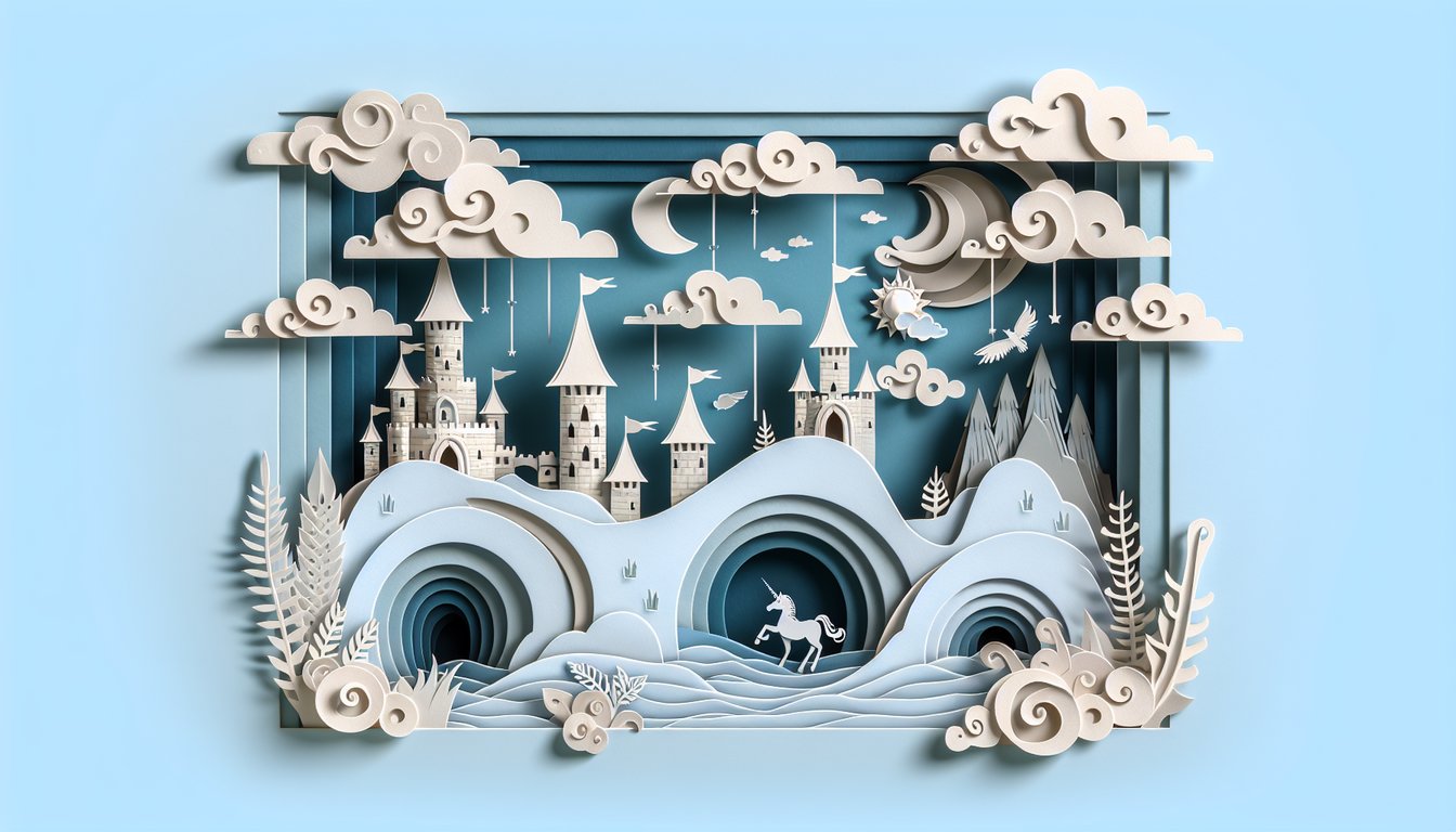 Paper art fantasy scroll unicorn silhouette dungeon entrance quiz banner on sky blue background
