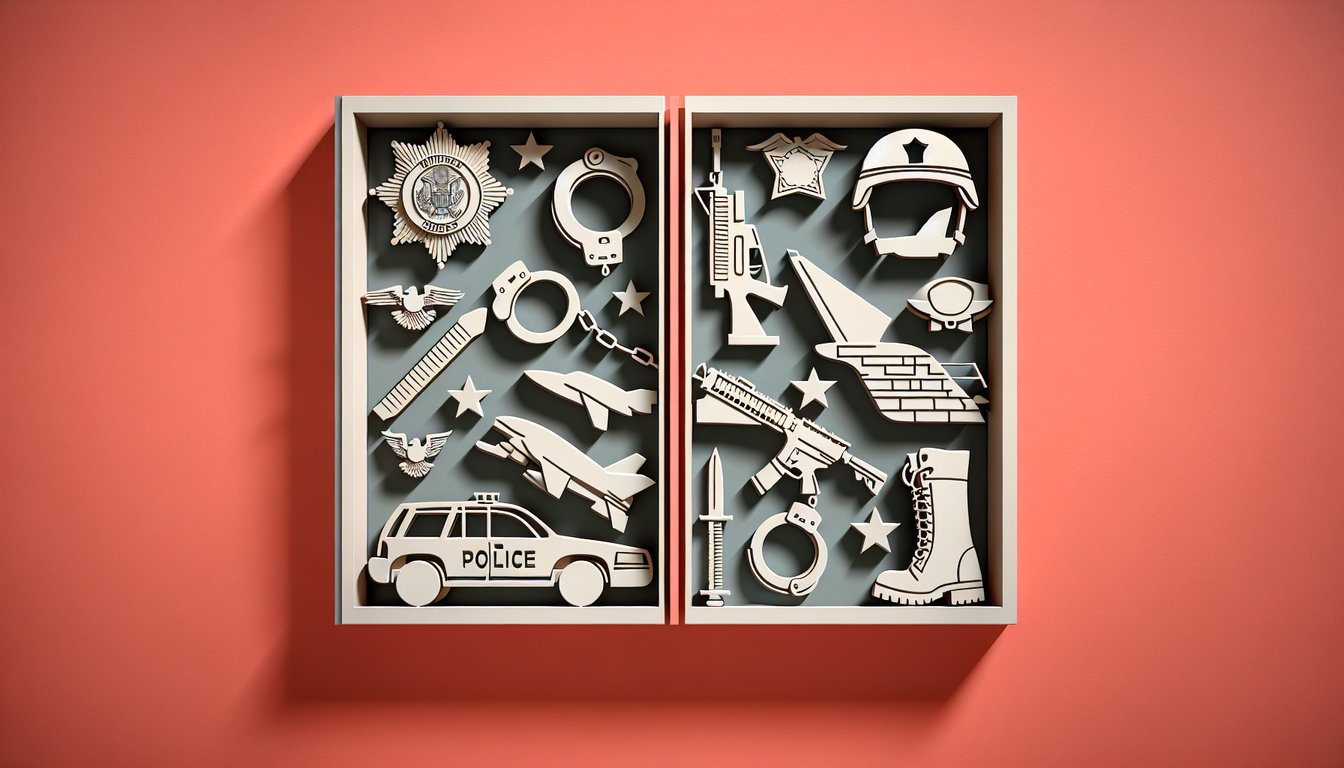 Paper art illustration of police officer and soldier on coral background for quiz on law enforcement versus military roles