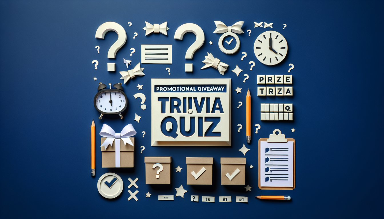 Colorful paper art displaying questions for Promotional Giveaway Trivia Quiz.