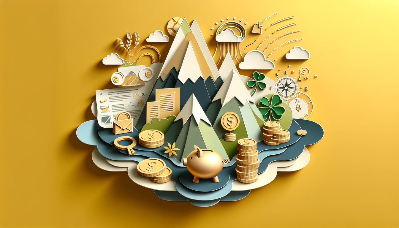 paper art coins banknotes charts on golden yellow background inviting you to take a free will I be rich quiz