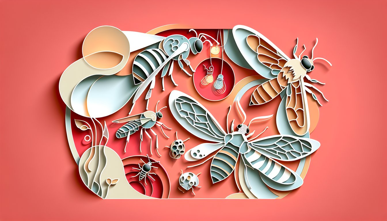 Paper art illustration for a bug personality quiz featuring a bee and a moth on a coral background.