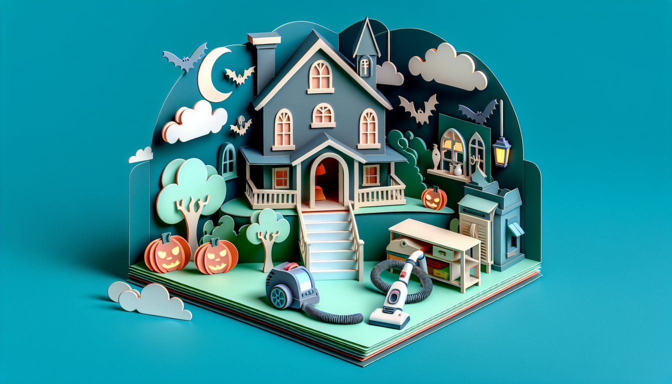 Paper art illustration for Monster House quiz on teal background