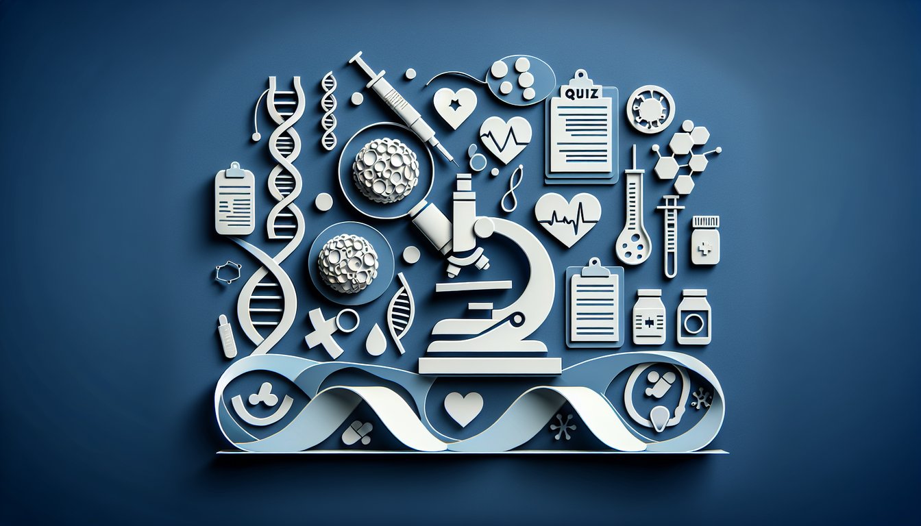 Paper cut style cancer trivia quiz artwork with ribbon microscope test tubes on dark blue background