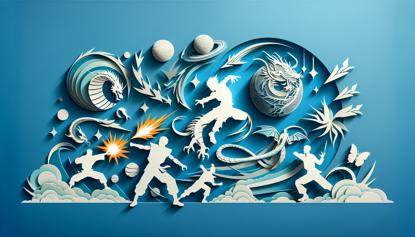 Paper art Dragon Ball Z quiz banner fighter silhouettes challenge text sky blue background