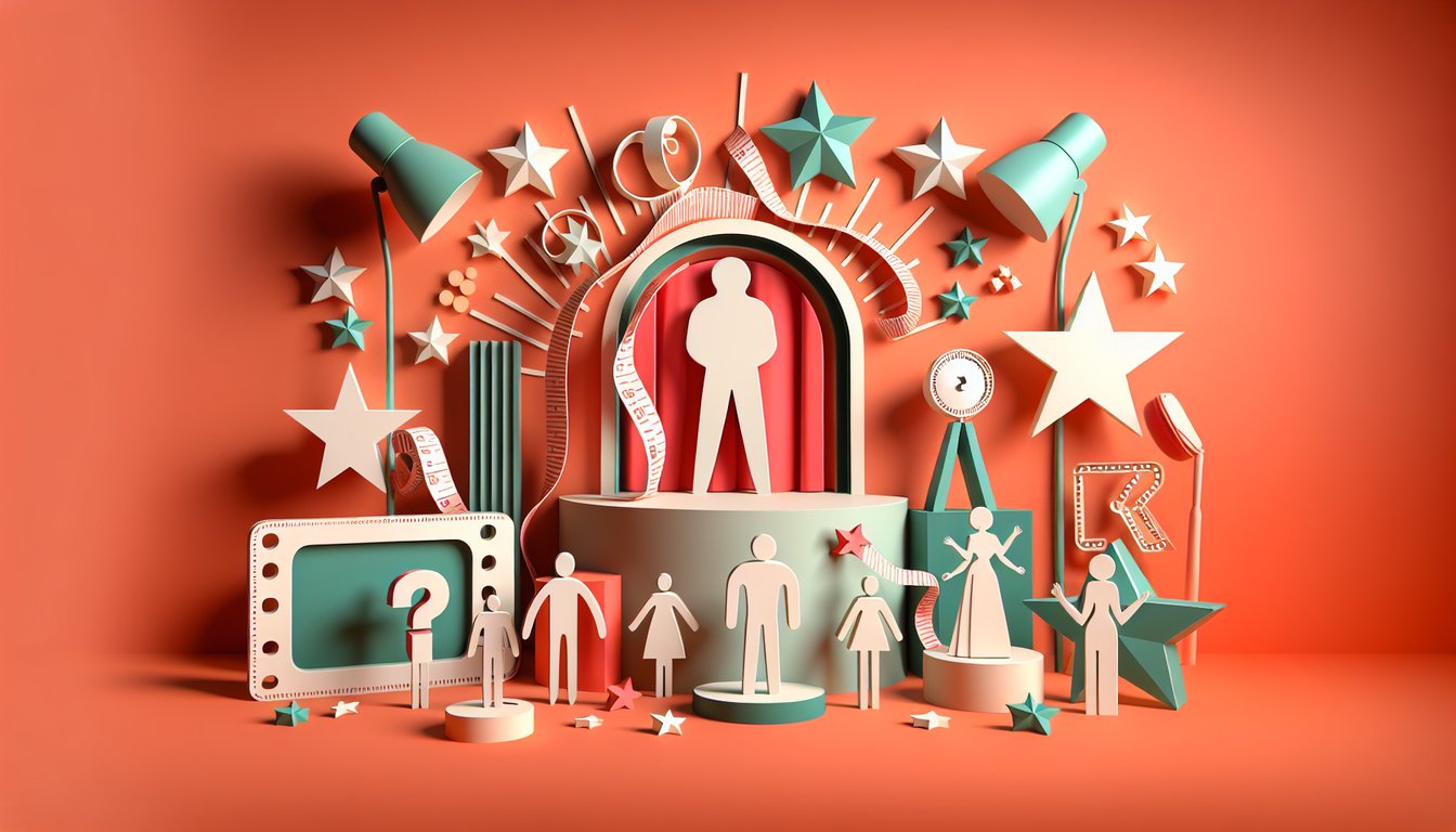 Paper art illustration for a celebrity body types quiz on a coral background