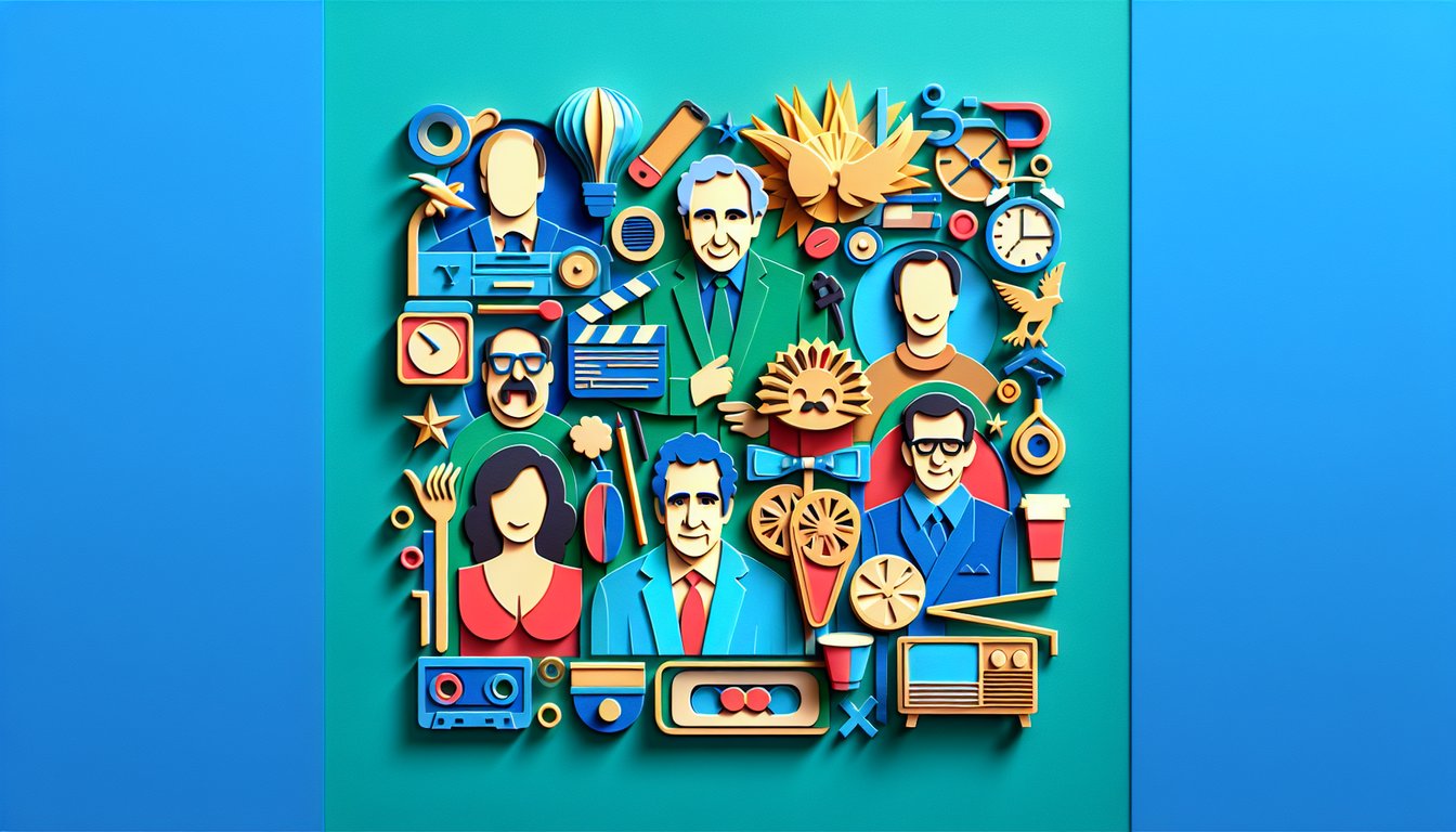 paper art illustration showing michael cera among film icons and arrested development quiz theme text on teal background