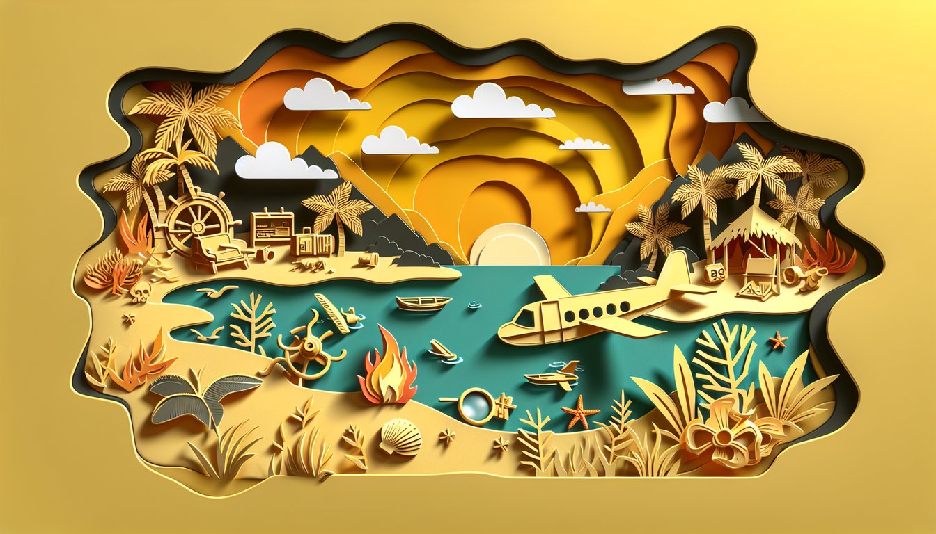 Paper-cut style illustration of Lord of the Flies island with palms conch shell and quiz text on golden yellow background