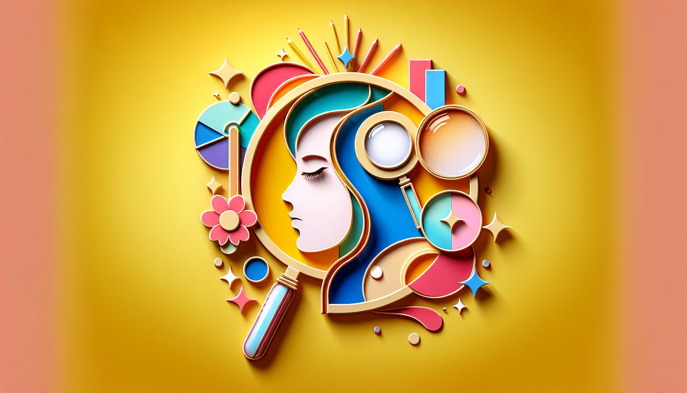 Paper art floral collage with quiz text about your true beauty score on golden yellow background.