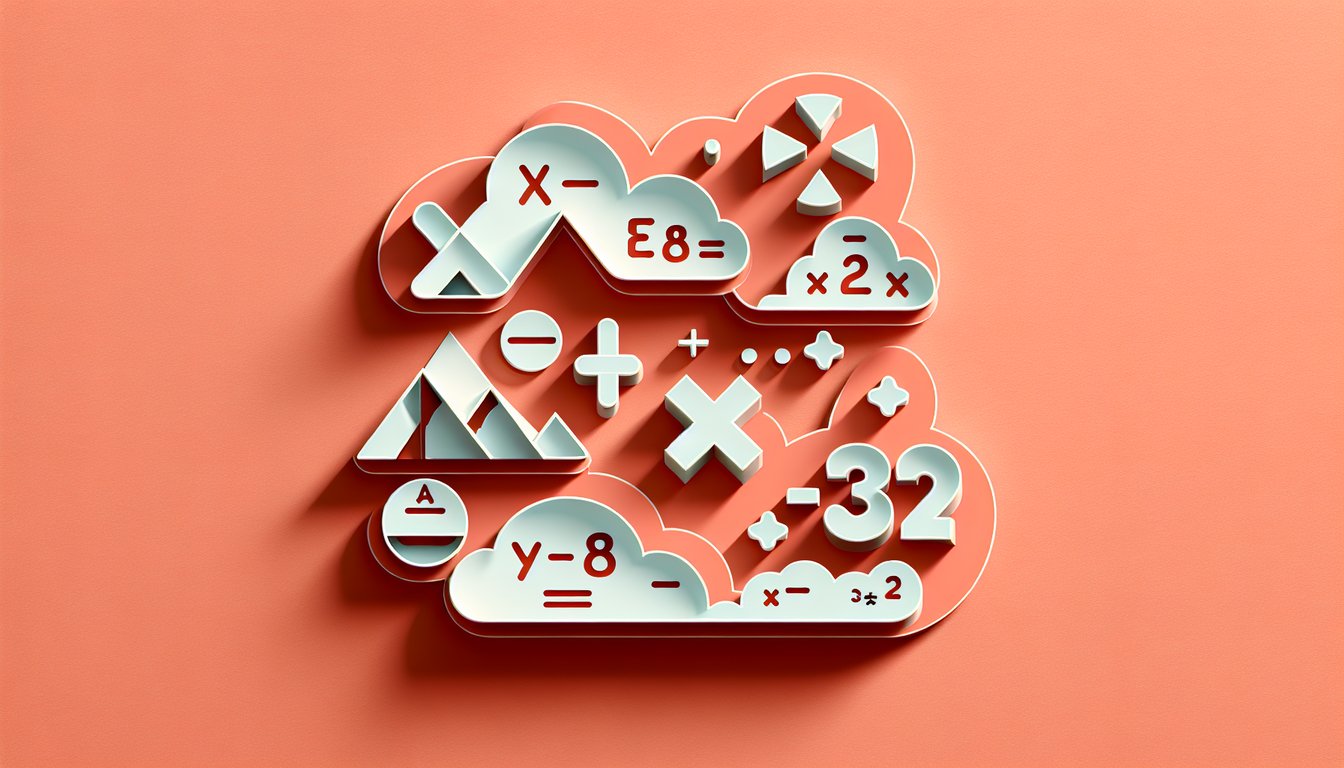Paper art scene showing algebra quiz with system of equations symbols and question mark on coral background