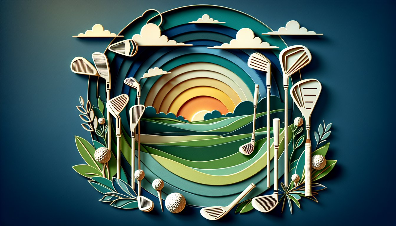 Paper art illustration for golf irons quiz on dark blue background