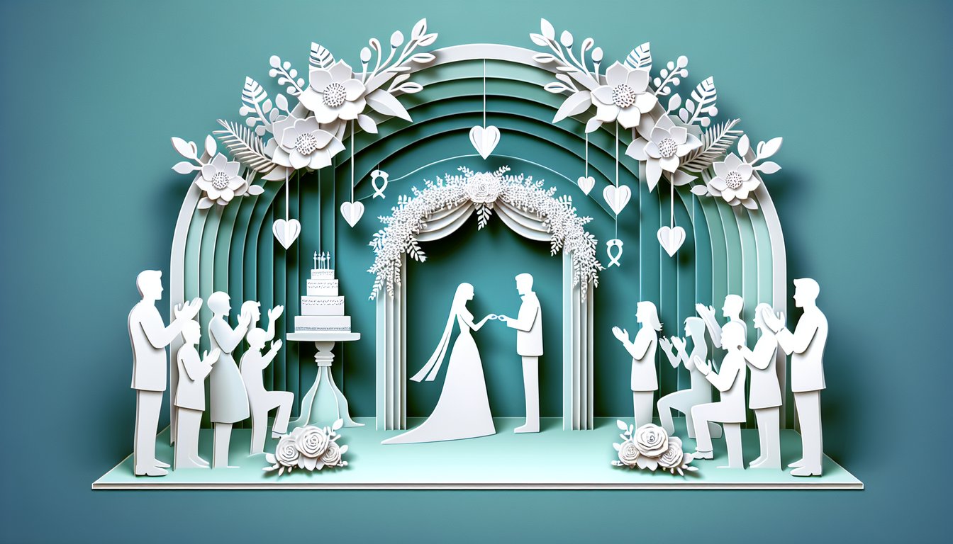 Paper craft-style wedding rings cake and stars on teal background for celebrity weddings quiz