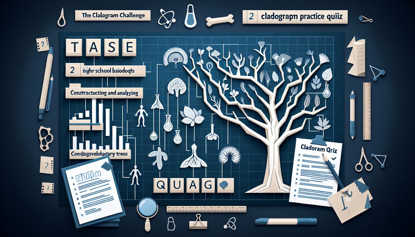 Paper art illustrating a trivia quiz on cladogram challenges for high school biology students.