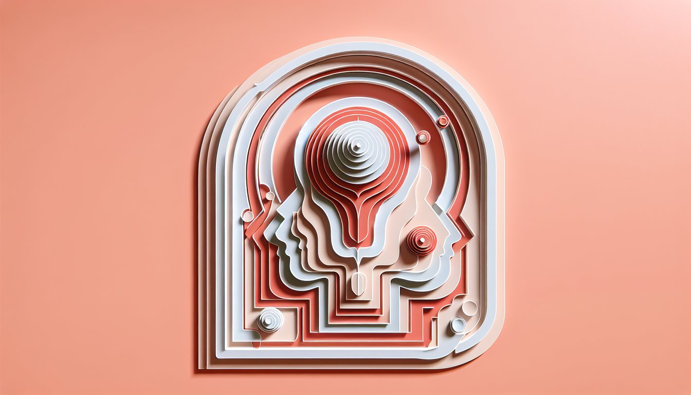 Paper art illustration of layered clouds on a coral background symbolizing emotional bias revealed and balance restored