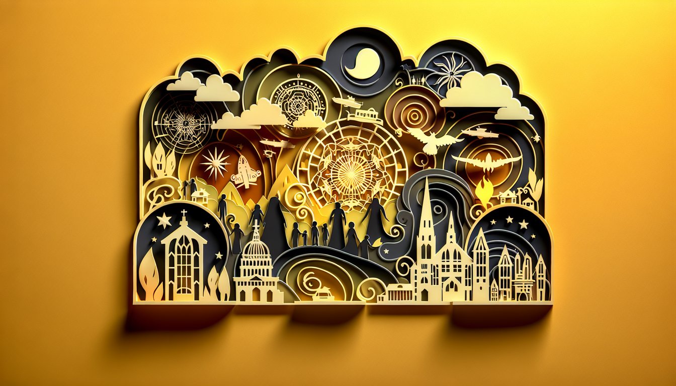 Paper art collage with hunter blades devil wings angel symbols on golden yellow background for supernatural TV trivia quiz