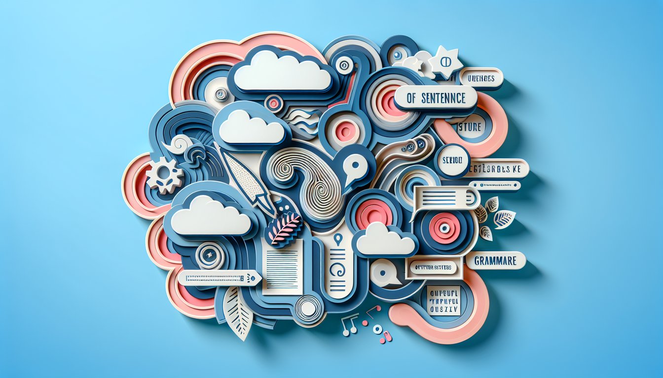 Paper art showing scattered letters and sentence strips for sentence arrangement quiz on sky blue background.