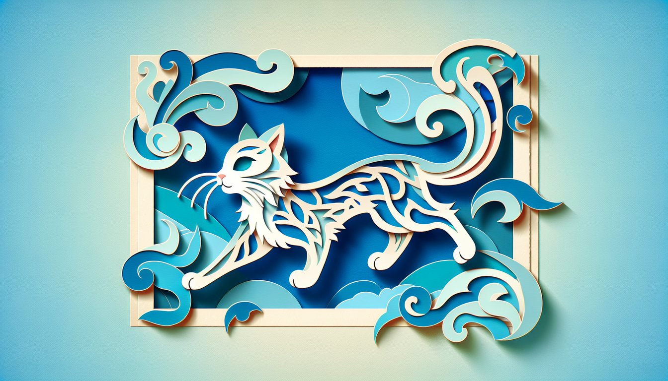 Paper art illustration with layered warrior cat shapes and quiz heading on sky blue background