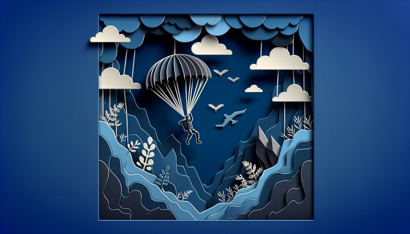 Paper art silhouettes of boys on deserted island with falling parachuter on dark blue background for LOTF quiz