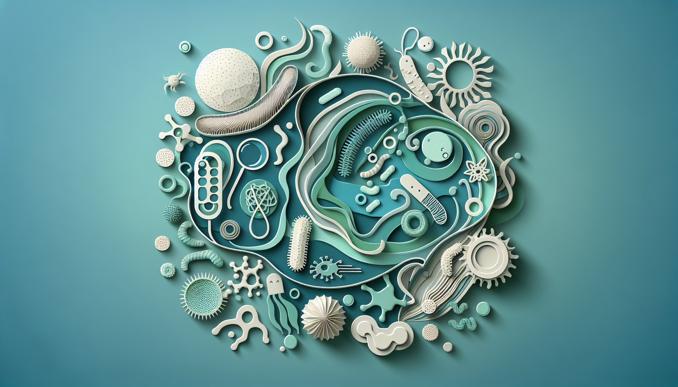 Paper art illustration of stylized microbes, bacteria and viruses surrounding quiz headline on teal background