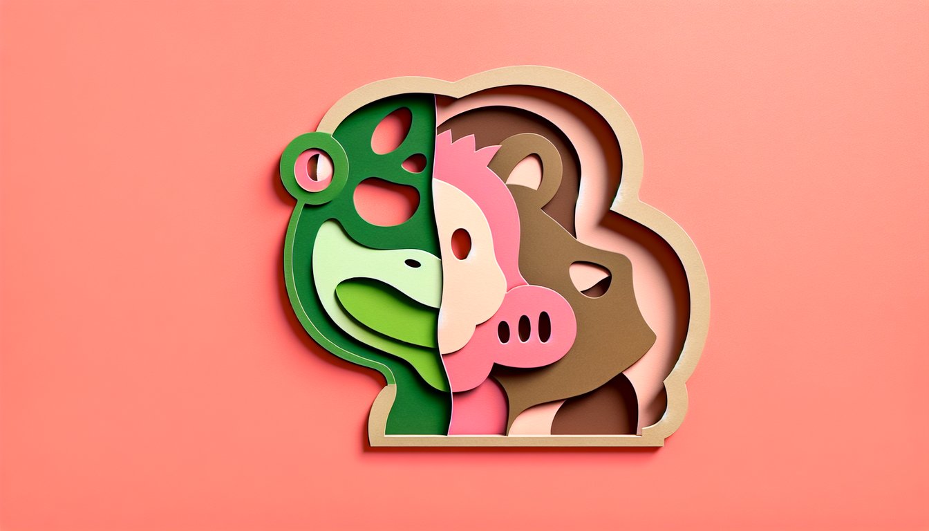 Paper art illustration with cutouts of Kermit Miss Piggy and Fozzie Bear on a coral background for a personality quiz
