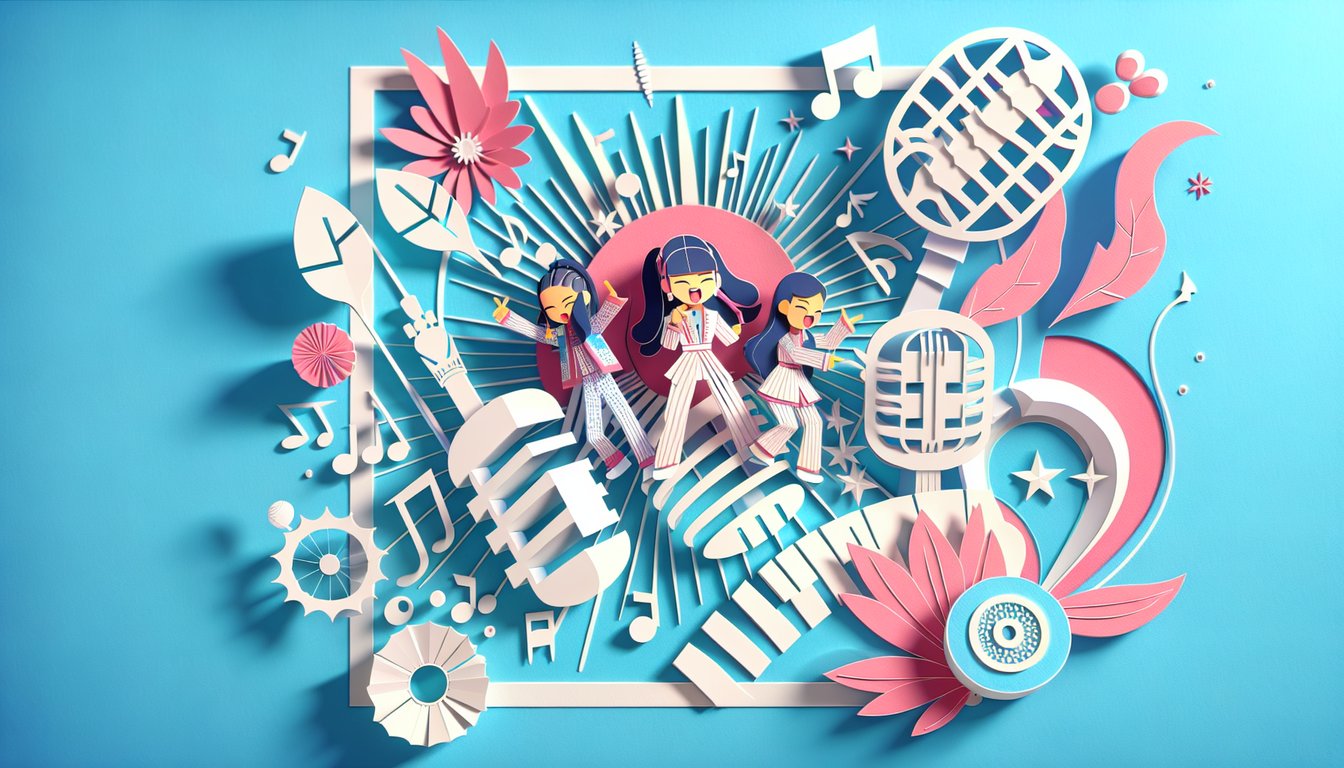 Paper art scene of fierce dancers and sweet singers on sky blue background for K-Pop girl group personality quiz