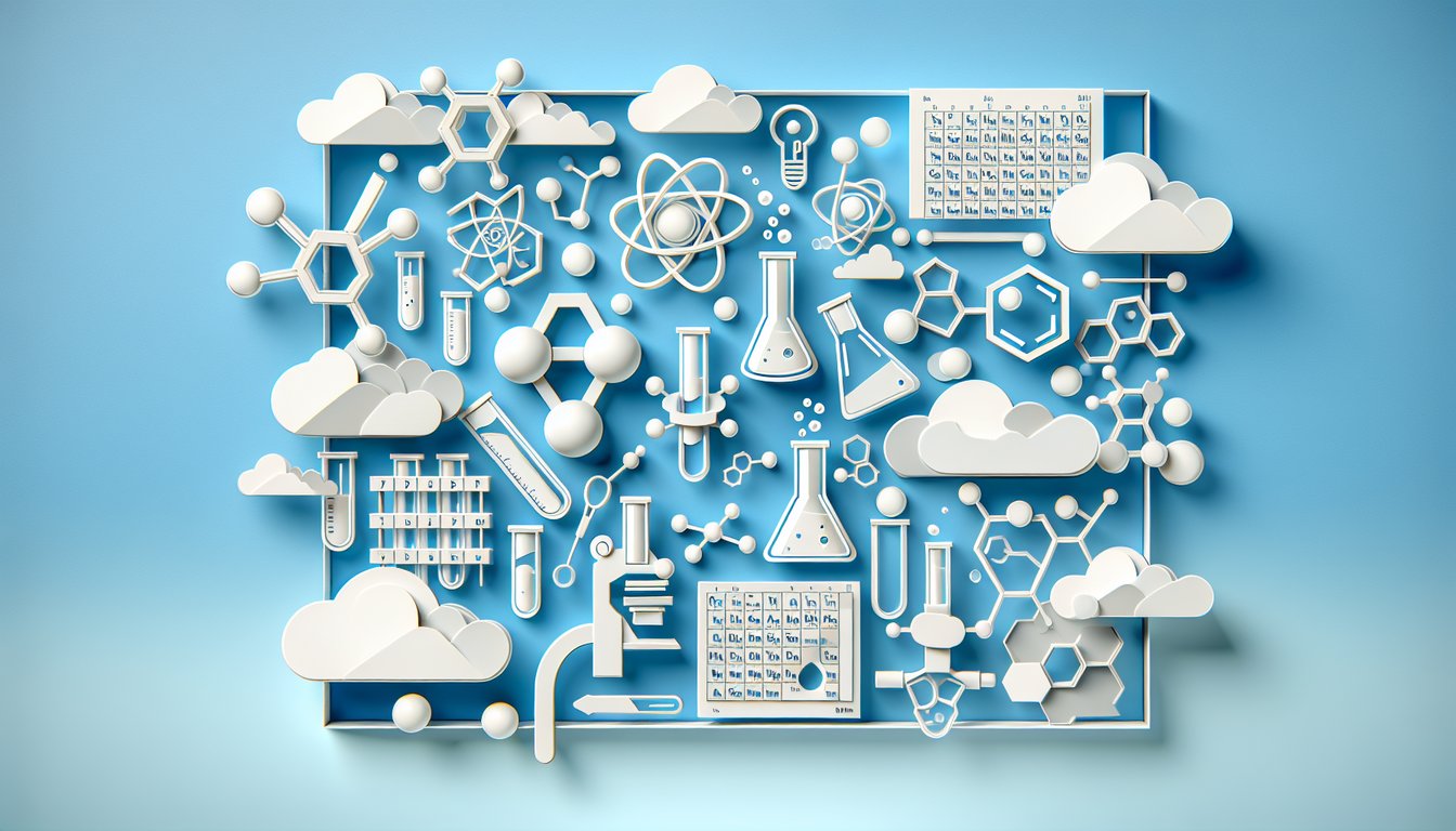 Paper art cutouts of beakers test tubes molecules and atoms beneath Basics of Chemistry Quiz text on sky blue background