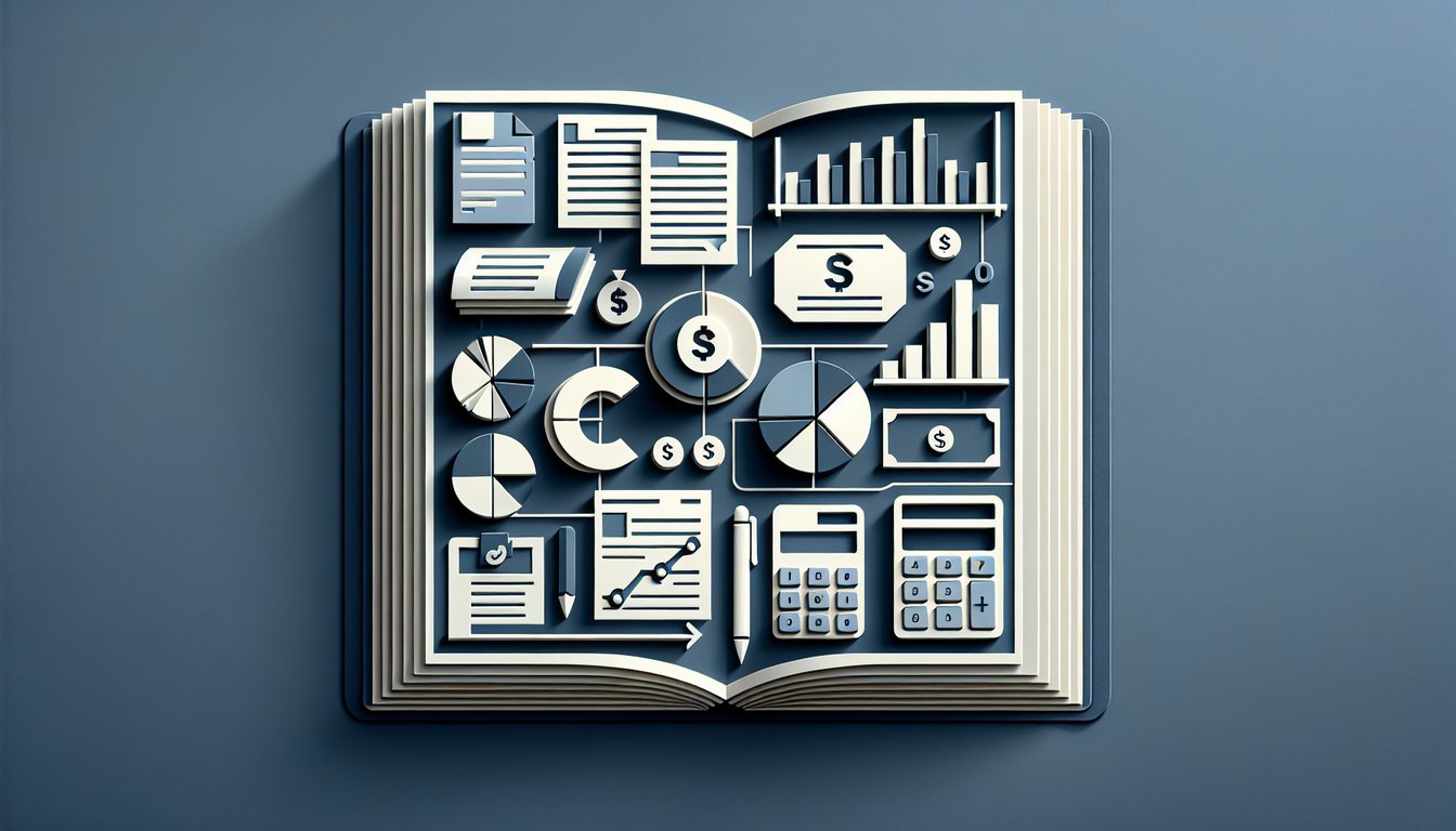 Paper art style illustration of calculator coins graphs documents for free finance accounts quiz on dark blue background