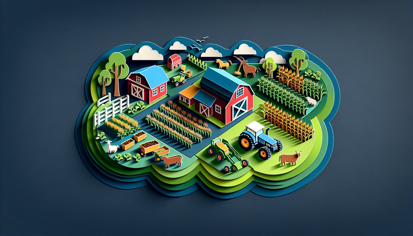 Paper art farm scene with barns windmill tractors fields quiz title on dark blue background.