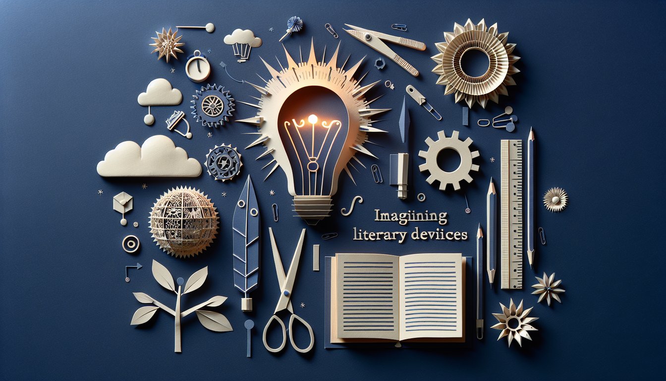 Paper art promoting Imagining Literary Devices trivia quiz for high school English students.