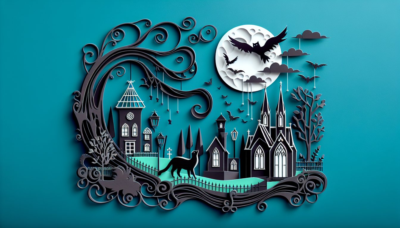 paper art illustration of layered book pages and black cat silhouette on teal background for Black Cat Edgar Allan Poe quiz