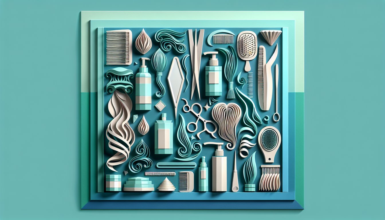 Paper art illustration of scissors comb wig headform and hairpieces on teal background for wigs and hair additions quiz
