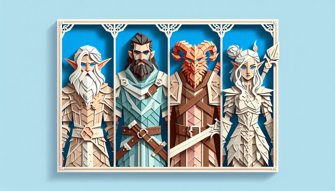 Paper art illustration of elf dwarf dragonborn silhouettes and quiz title What DnD Race Am I on sky blue background