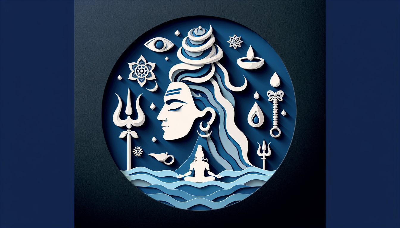 Paper art cutout of Shiva with trident and drum surrounded by question marks and quiz text on dark blue background