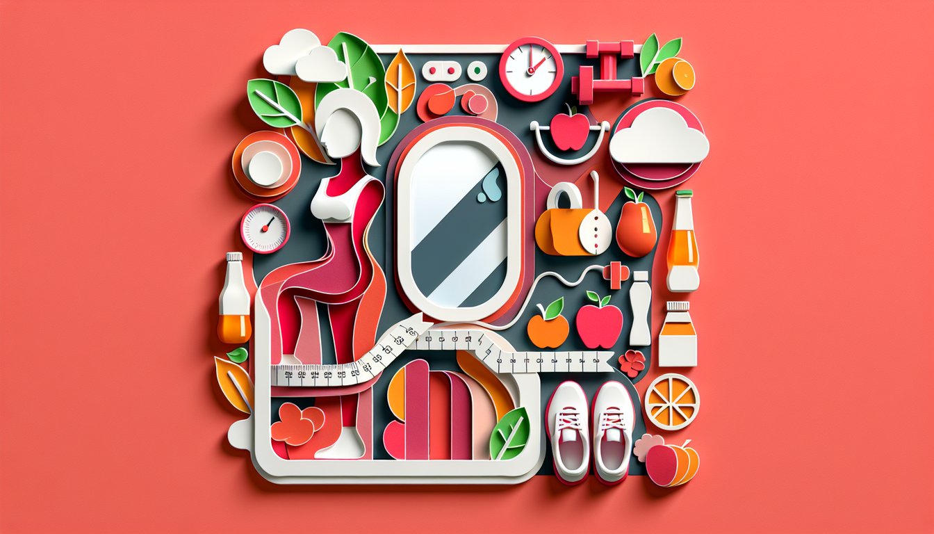 Paper art with diverse body silhouettes and How Fat Am I quiz text on coral background inviting a self perception test