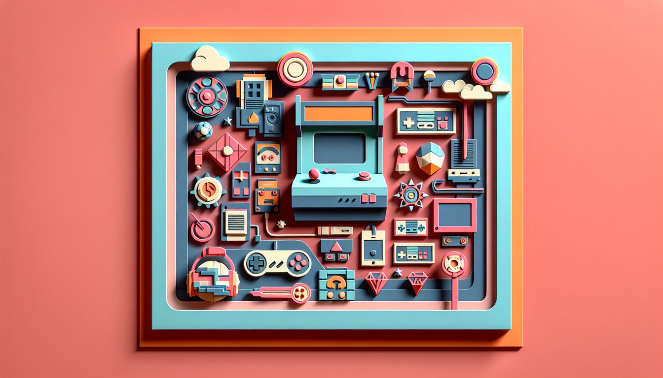 Paper art illustration for video games quiz on a coral background