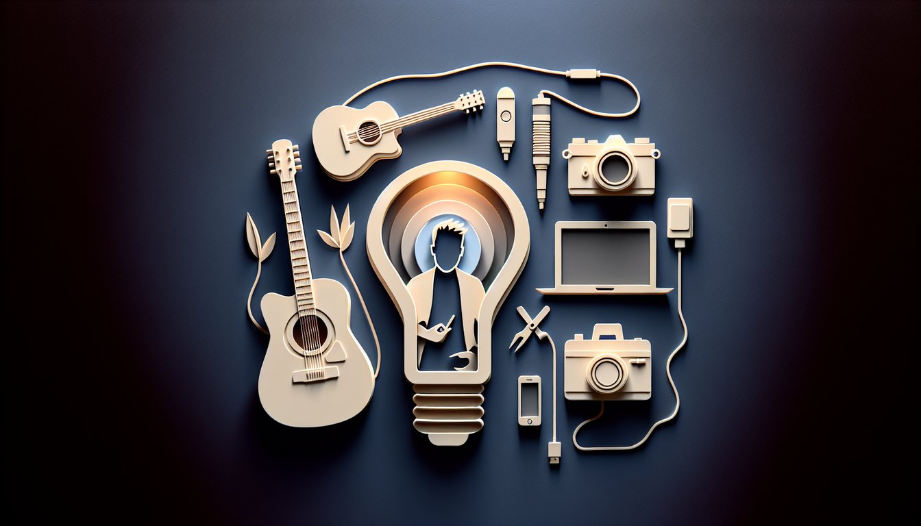 Paper art illustration of quiz elements and gig symbols for side hustle skills match on dark blue background