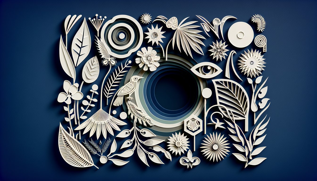 Paper art illustration for a free observation test with tricky scenes and detailed questions on a dark blue background.