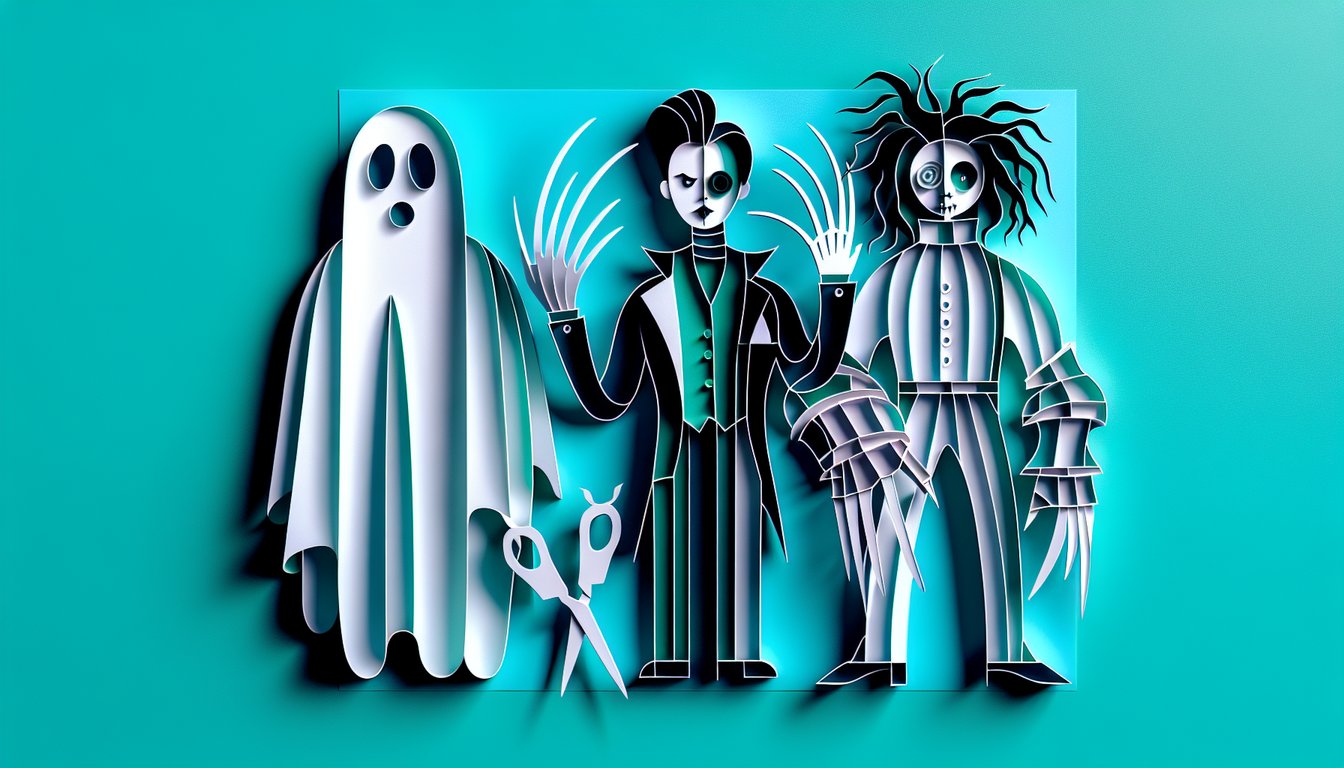 Paper cutout Beetlejuice Edward Scissorhands and other Tim Burton characters on teal background for quiz promotion