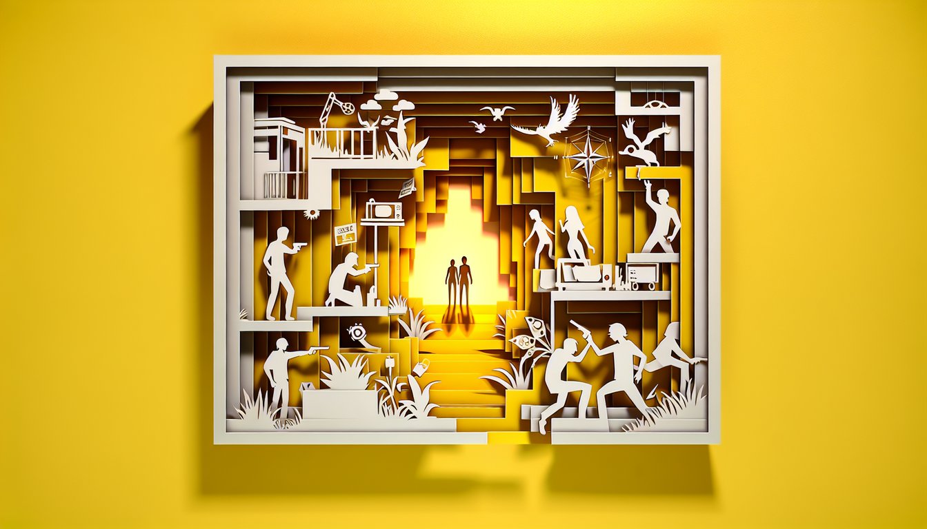 Paper art illustration for a Until Dawn personality quiz on a golden yellow background