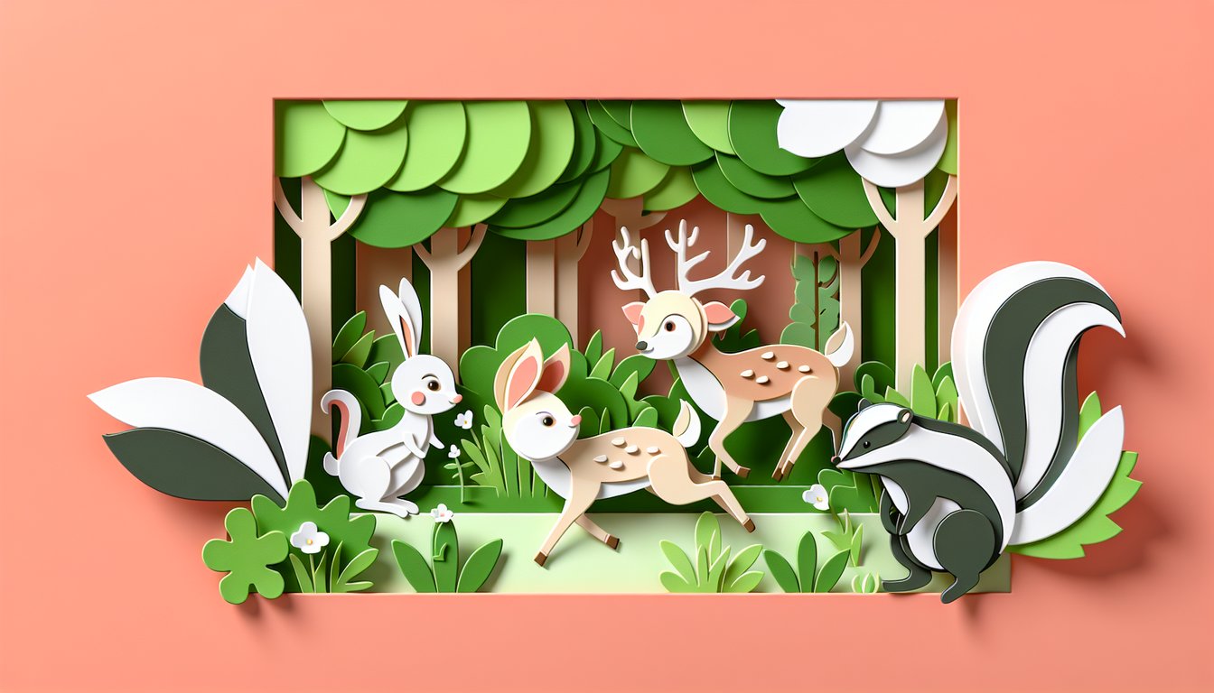 Paper art deer and rabbit characters on coral background for fun Disney Bambi trivia personality quiz