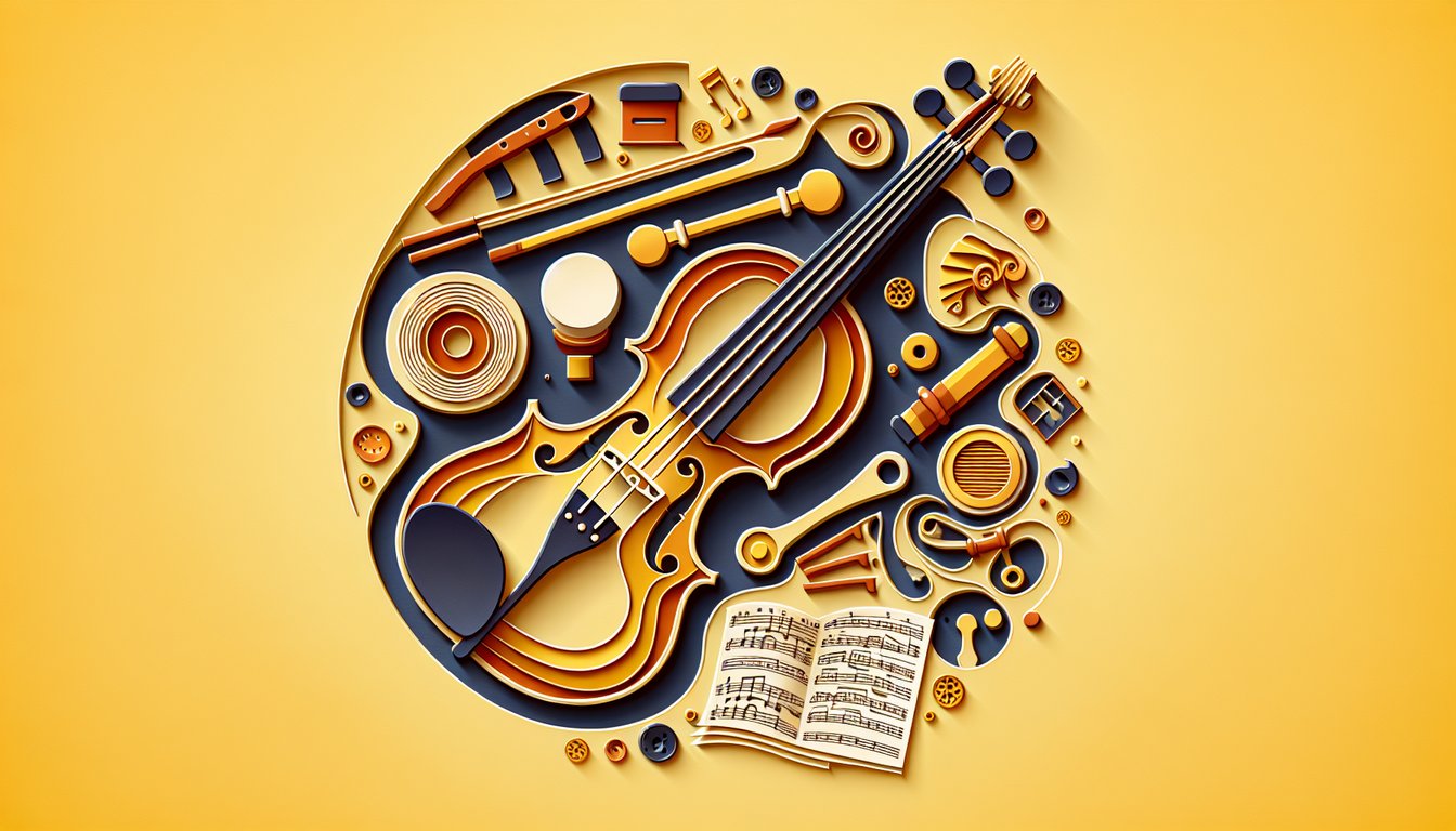 Paper art illustration of violin and sheet music on golden yellow background promoting National Violin Day trivia quiz