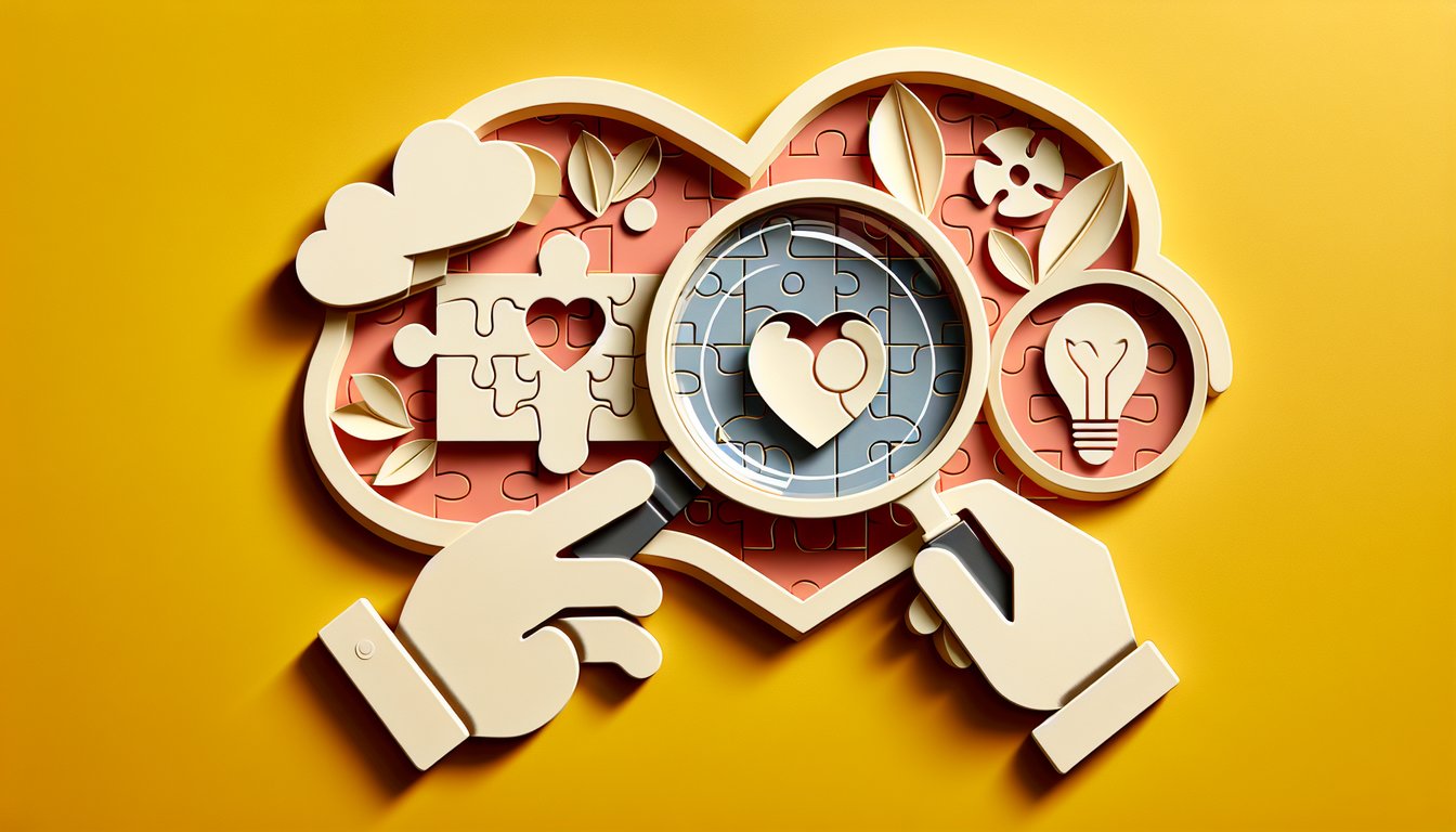 Paper art illustration for Does He Think About Me quiz on golden yellow background