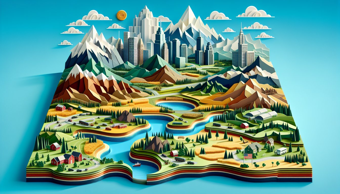 Paper art map of US regions with stylized icons for mountains beaches cities on sky blue background for personality quiz
