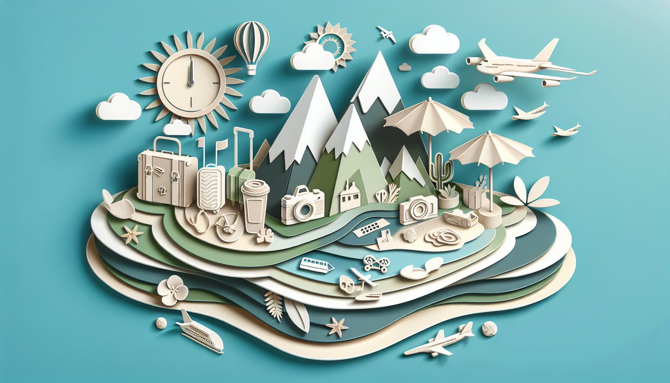 Paper art style travel icons including airplane globe luggage camera and map on teal background for a travel style quiz